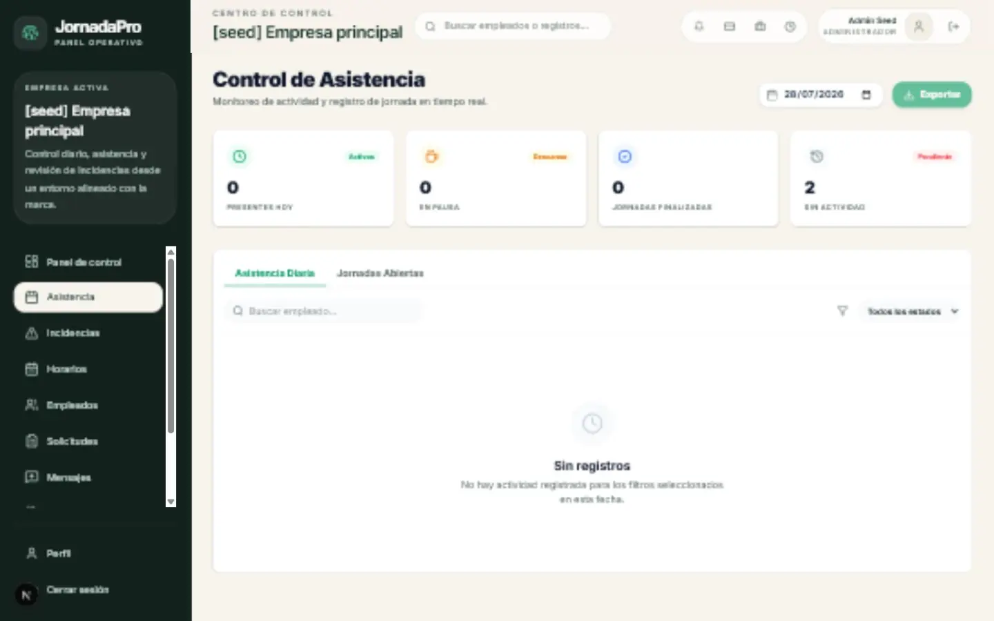 Pantalla real de control de asistencia de JornadaPro con estados diarios