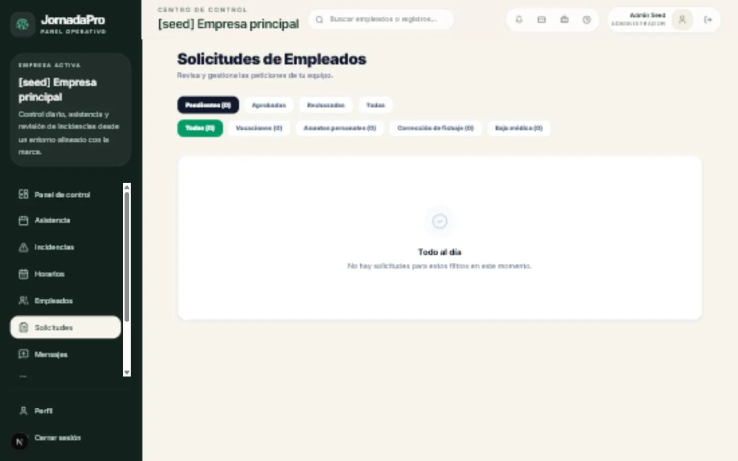 Pantalla real de solicitudes de vacaciones, asuntos personales y correcciones
